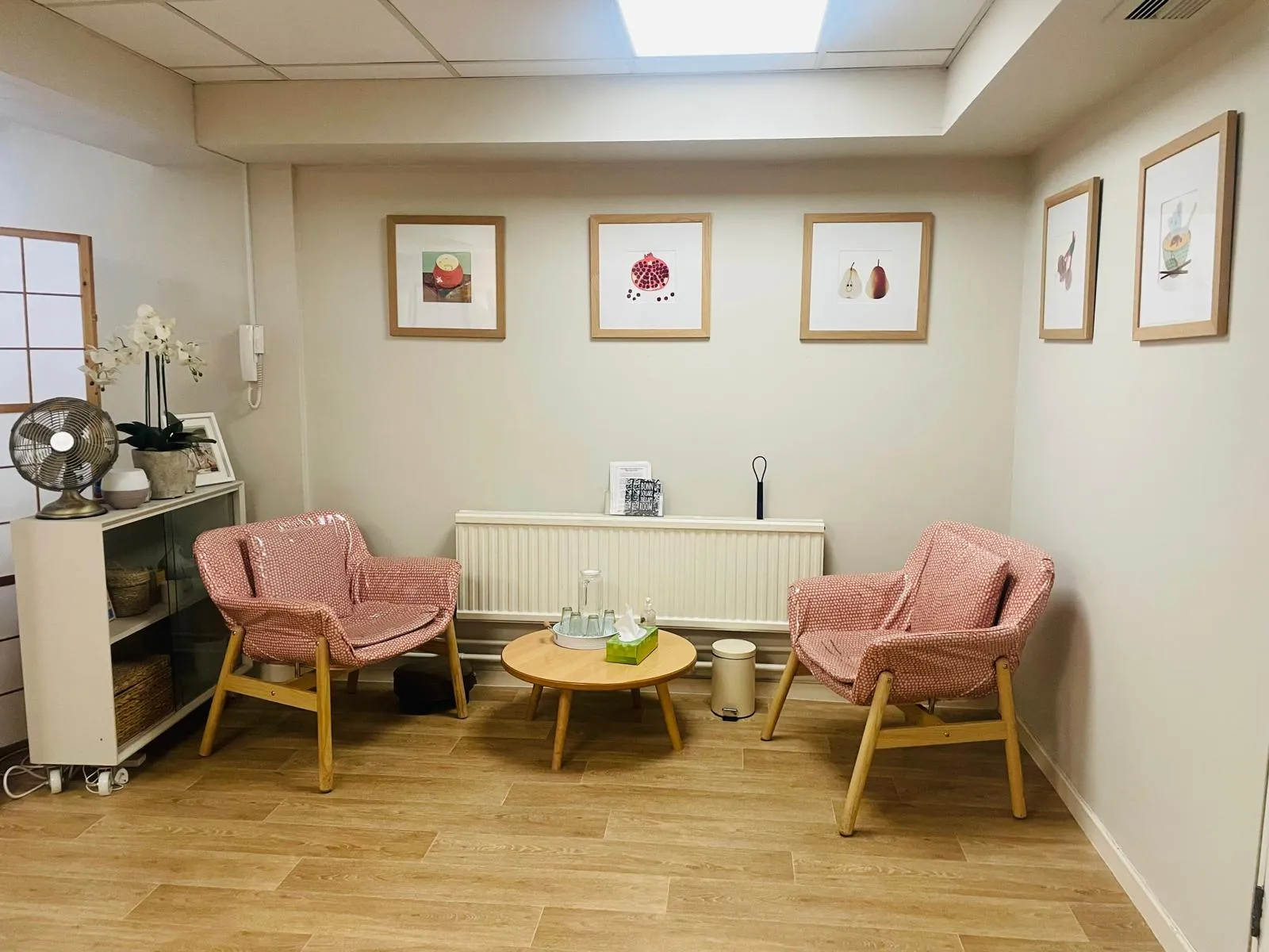 Consultation area at Bonn Square Therapy Room, with two pink chairs and a small table